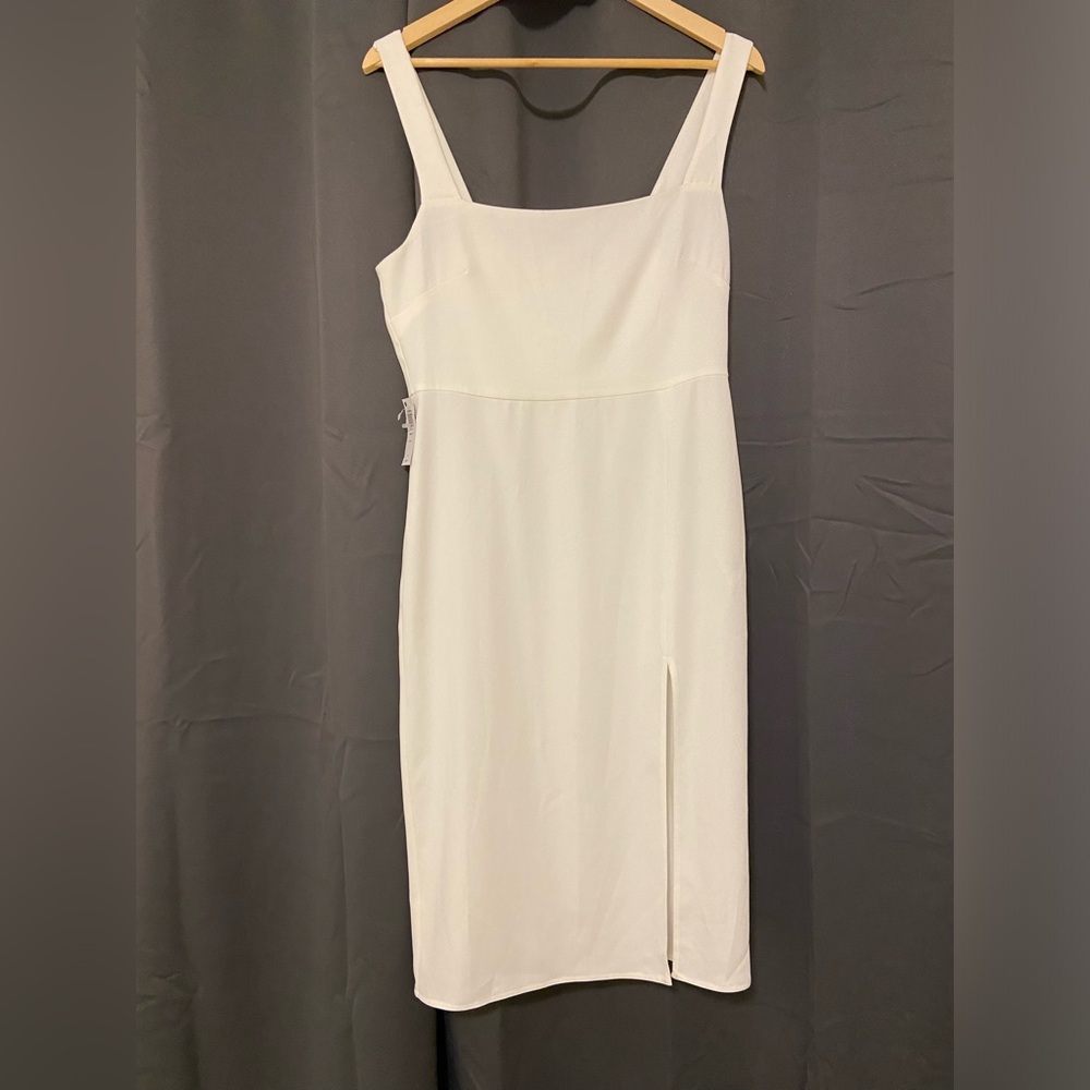 Babaton White Midi Dress with Square Neck and Thigh Slit